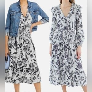 NEW Aqua floral patterned ruffled shoulder linen blend smocked midi dress Sz Sm